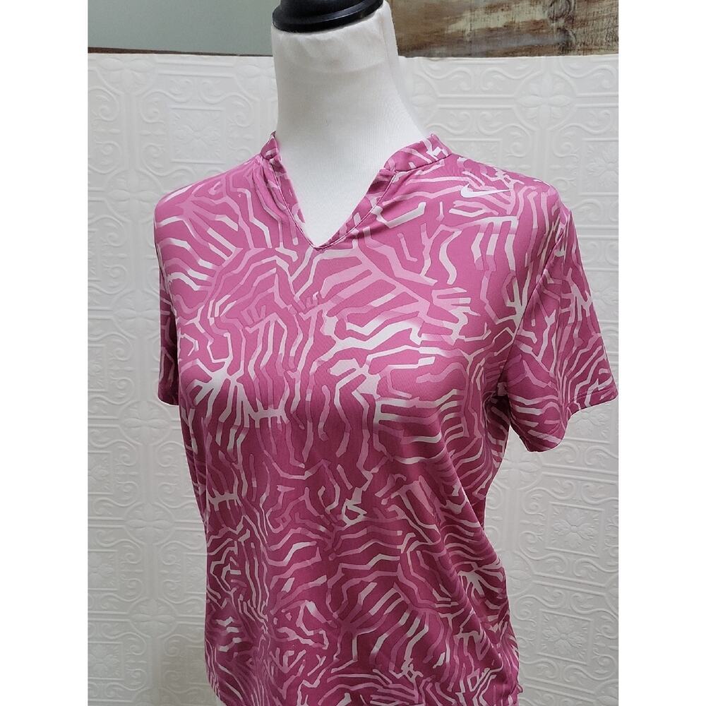 Nike Dri-FlT Pink & White Abstract Print Short Sleeve  Top Golf Polo Shirt Sz L